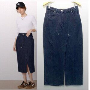Votre Nom Dark Blue Denim Midi Skirt Double Slit Front Back Size 10